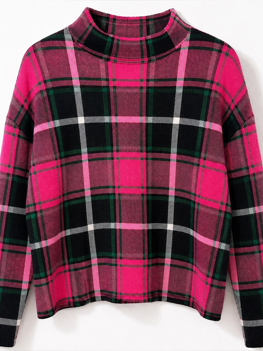 Nicole Miller Pink Plaid Mock Neck Sweater Women’s S Tartan Boxy